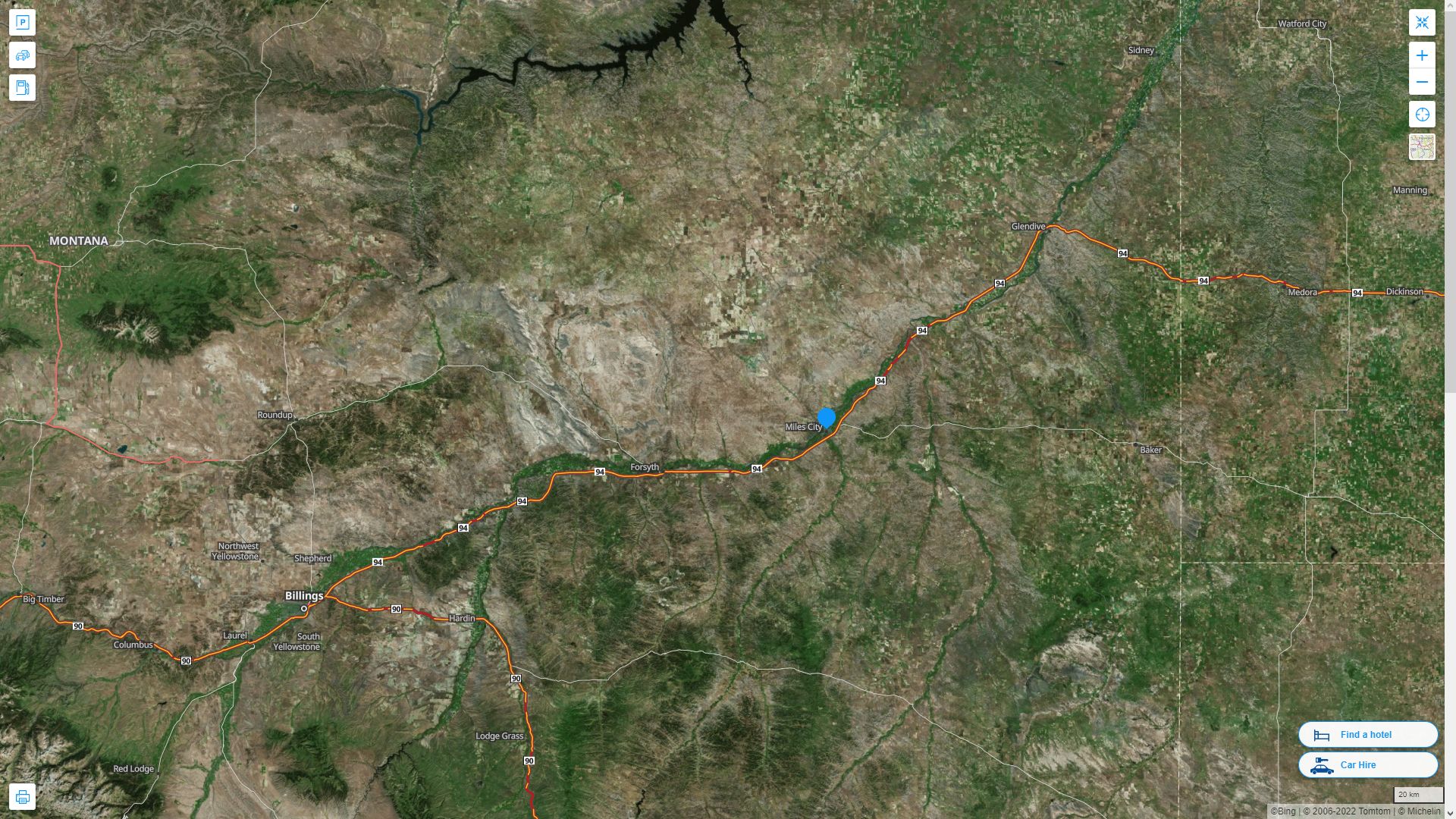 Miles City Montana Highway and Road Map with Satellite View